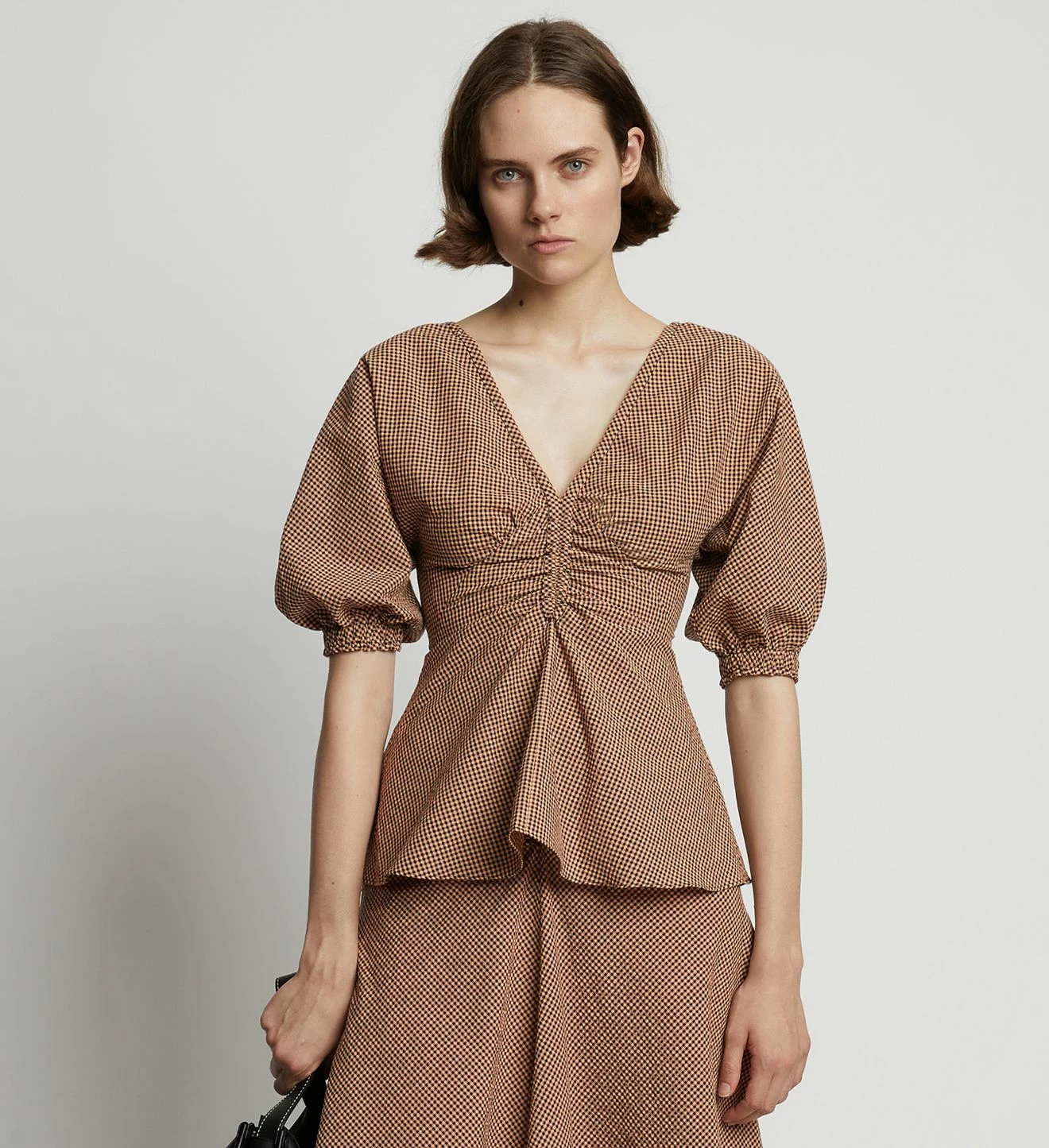 Proenza Schouler White Label | Gingham Long Sleeve Peplum Top - Coral/Black 2 Proenza Schouler White Label | Gingham Long Sleeve Peplum Top - Coral/Black - Image 2