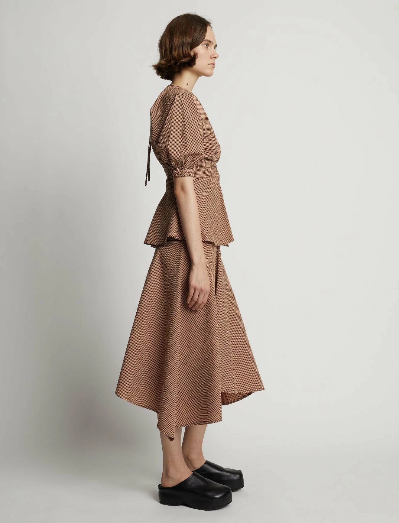 Proenza Schouler White Label | Gingham Long Sleeve Peplum Top - Coral/Black 4 Proenza Schouler White Label | Gingham Long Sleeve Peplum Top - Coral/Black - Image 4