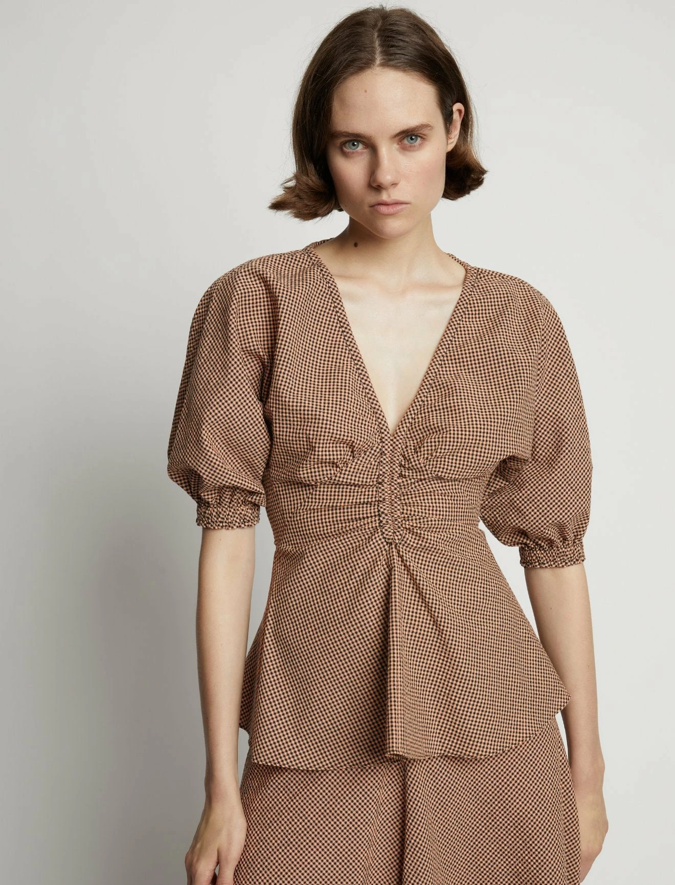 Proenza Schouler White Label | Gingham Long Sleeve Peplum Top - Coral/Black 6 Proenza Schouler White Label | Gingham Long Sleeve Peplum Top - Coral/Black - Image 6