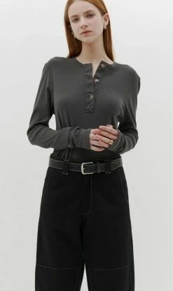 Bassike | Rib Contrast Placket Ls T.Shirt - Charcoal Marl