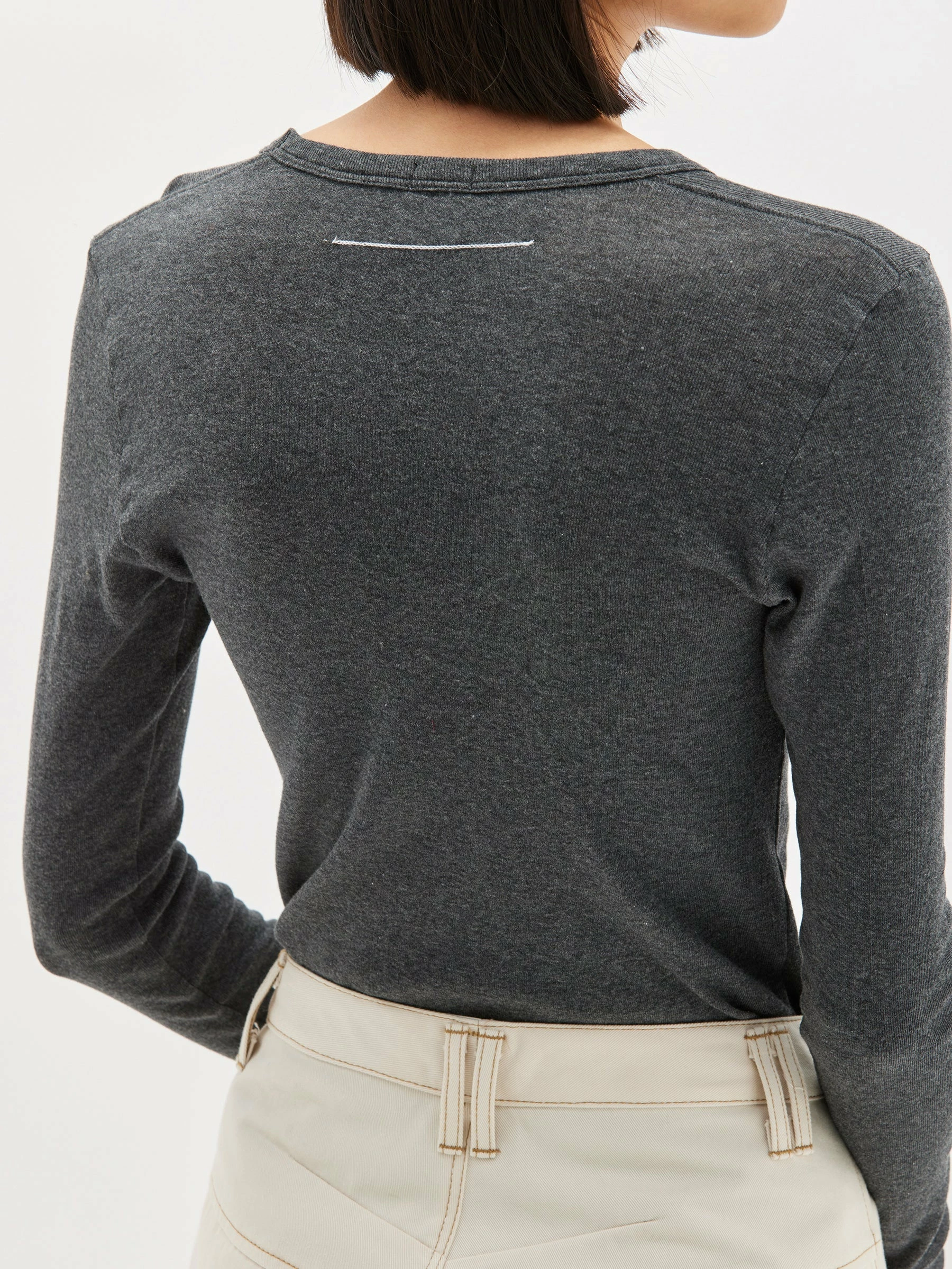 Bassike | Slim Rib V-Neck Long Sleeve T.Shirt - Charcoal Marl 4 Bassike | Slim Rib V-Neck Long Sleeve T.Shirt - Charcoal Marl - Image 4