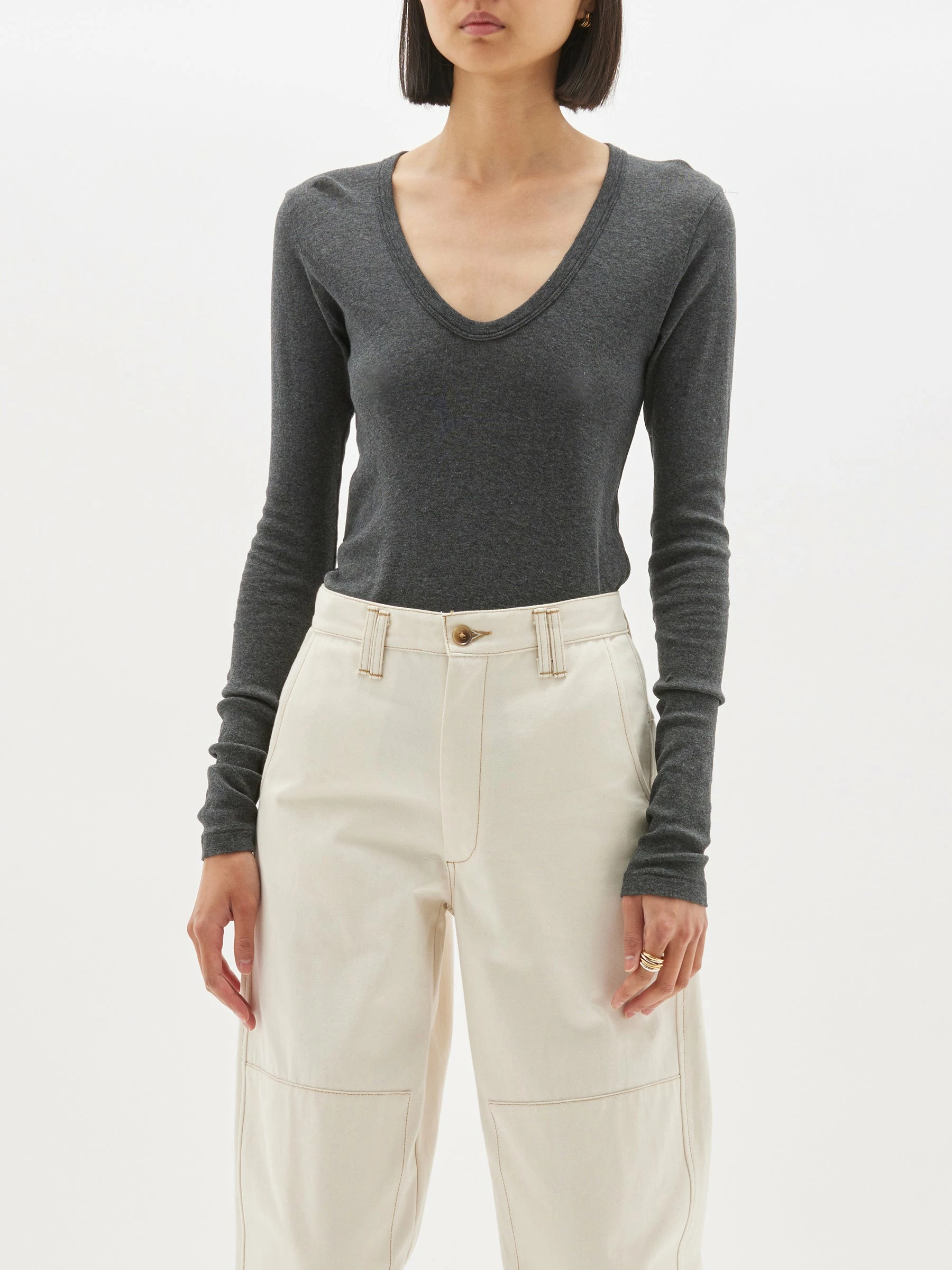 Bassike | Slim Rib V-Neck Long Sleeve T.Shirt - Charcoal Marl 2 Bassike | Slim Rib V-Neck Long Sleeve T.Shirt - Charcoal Marl - Image 2