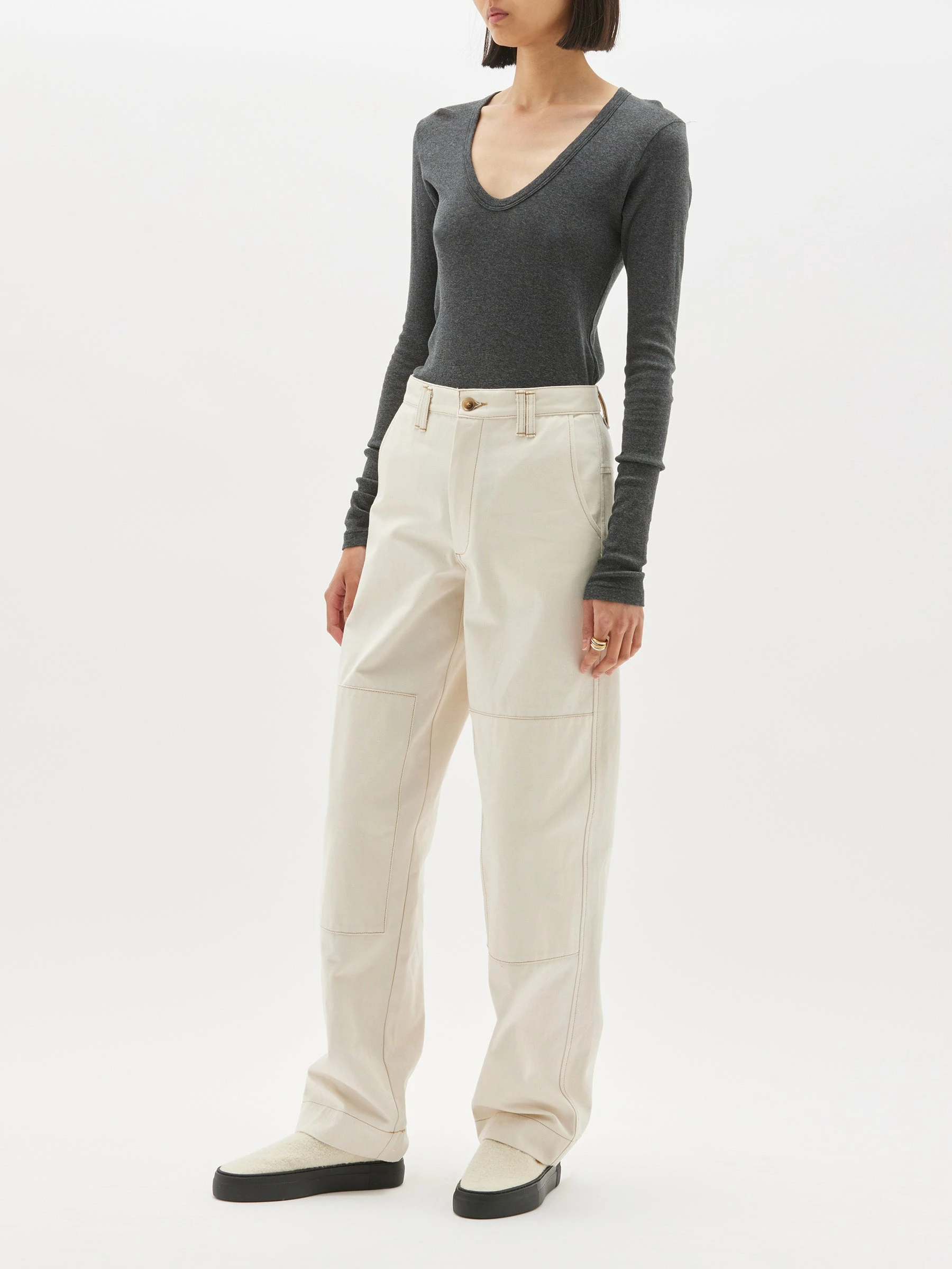 Bassike | Slim Rib V-Neck Long Sleeve T.Shirt - Charcoal Marl 3 Bassike | Slim Rib V-Neck Long Sleeve T.Shirt - Charcoal Marl - Image 3