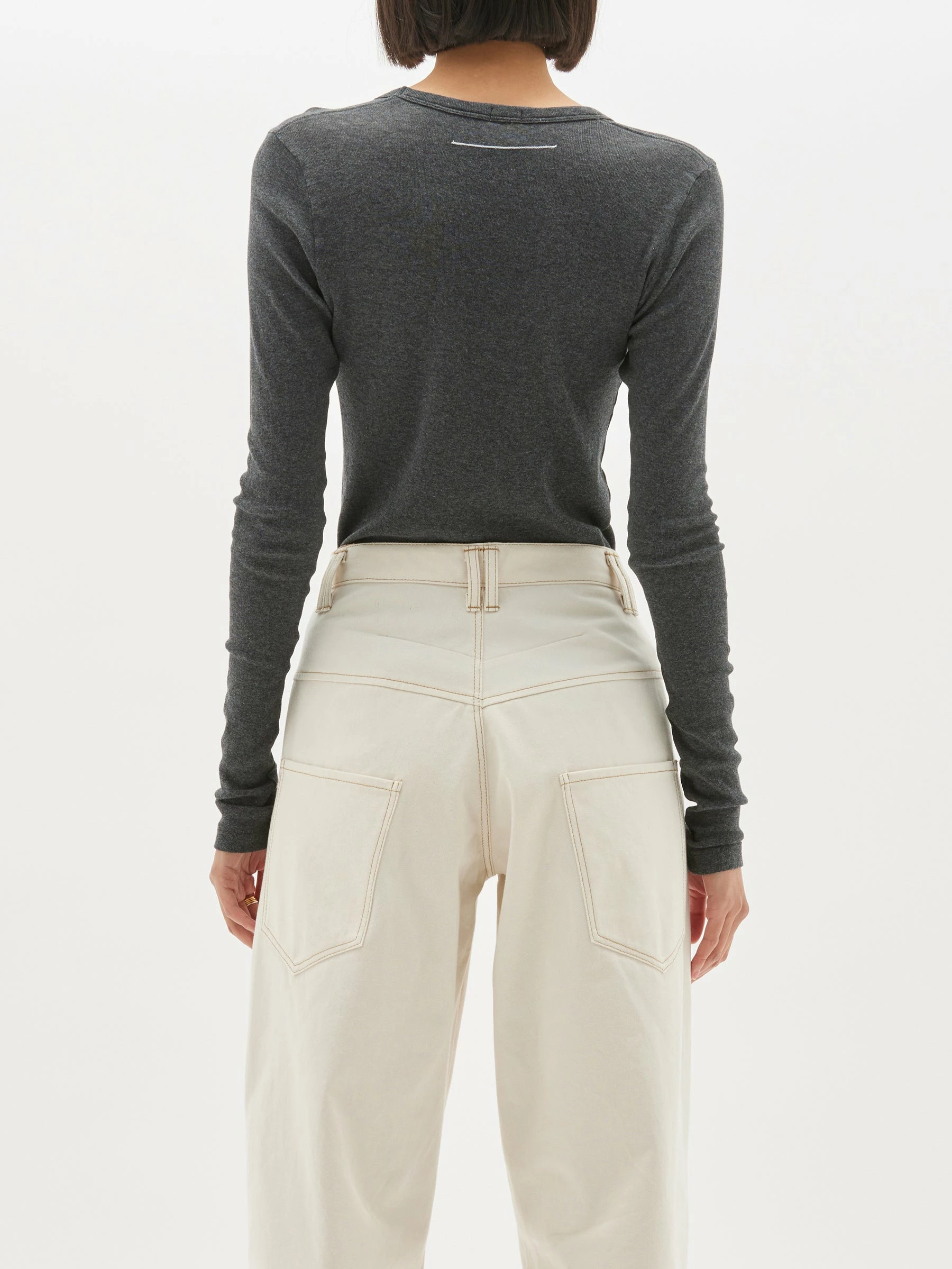 Bassike | Slim Rib V-Neck Long Sleeve T.Shirt - Charcoal Marl 5 Bassike | Slim Rib V-Neck Long Sleeve T.Shirt - Charcoal Marl - Image 5