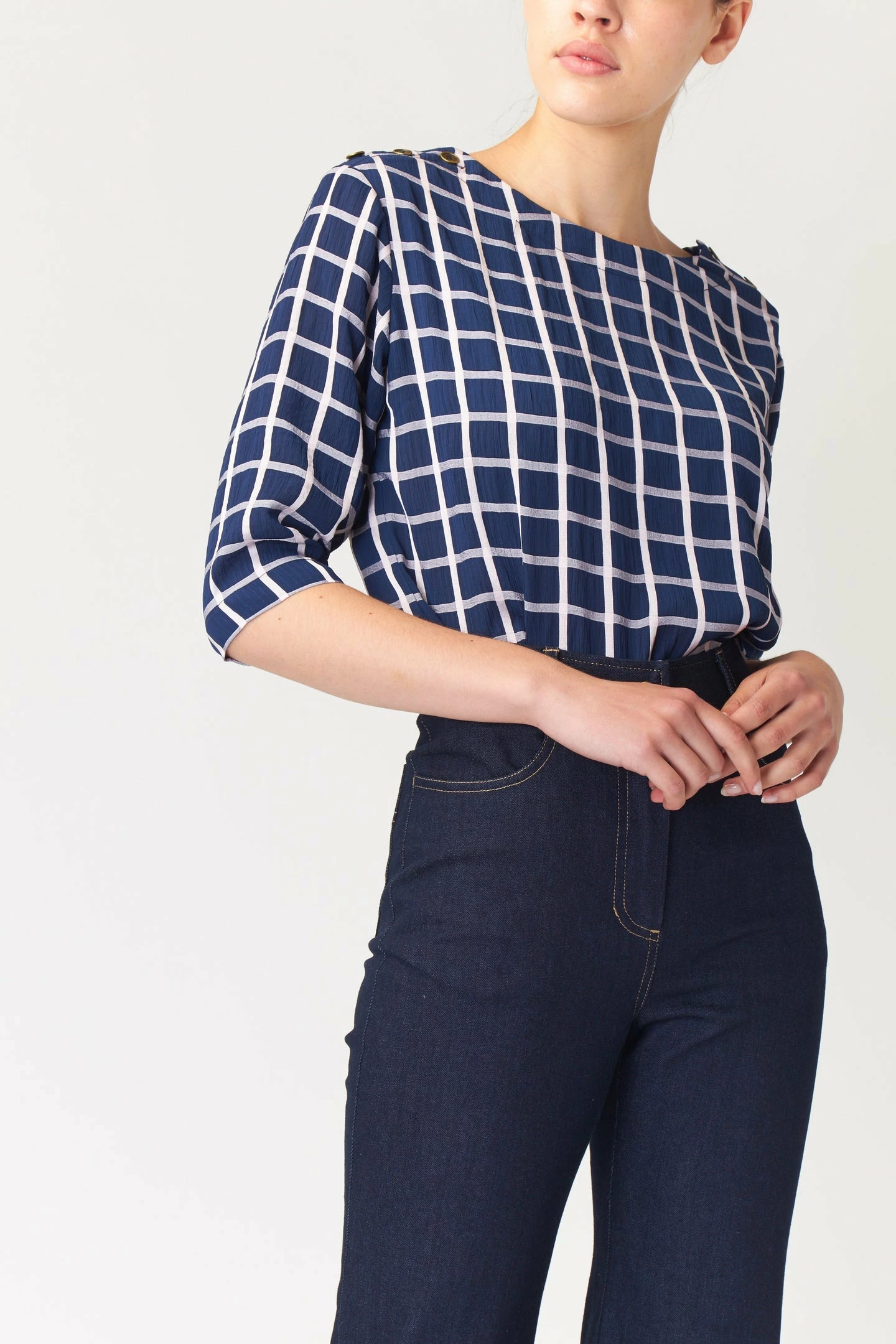 Kate Sylvester | Check Bateau Top - Ink 3 Kate Sylvester | Check Bateau Top - Ink - Image 3