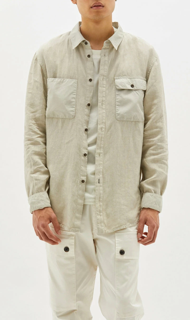 Bassike Mens | Linen Beach Shirt - Washed Stone 1 Bassike Mens | Linen Beach Shirt - Washed Stone