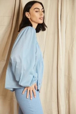 Mahsa | Folk Blouse - Cotton Voile Sky Blue -Acler Shop Mahsa Folk Blouse Cotton Voile Sky Blue 3 scaled