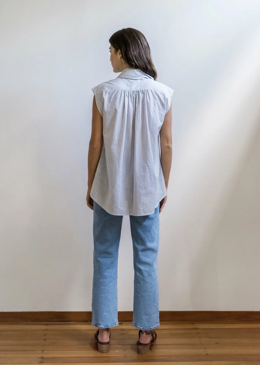 Mahsa | Short Bow Blouse Stripe - Blue/Camel 3 Mahsa | Short Bow Blouse Stripe - Blue/Camel - Image 3