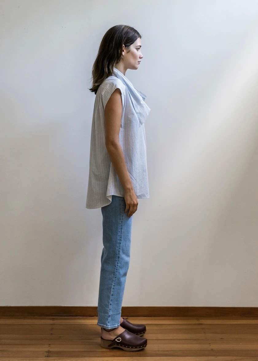 Mahsa | Short Bow Blouse Stripe - Blue/Camel 2 Mahsa | Short Bow Blouse Stripe - Blue/Camel - Image 2