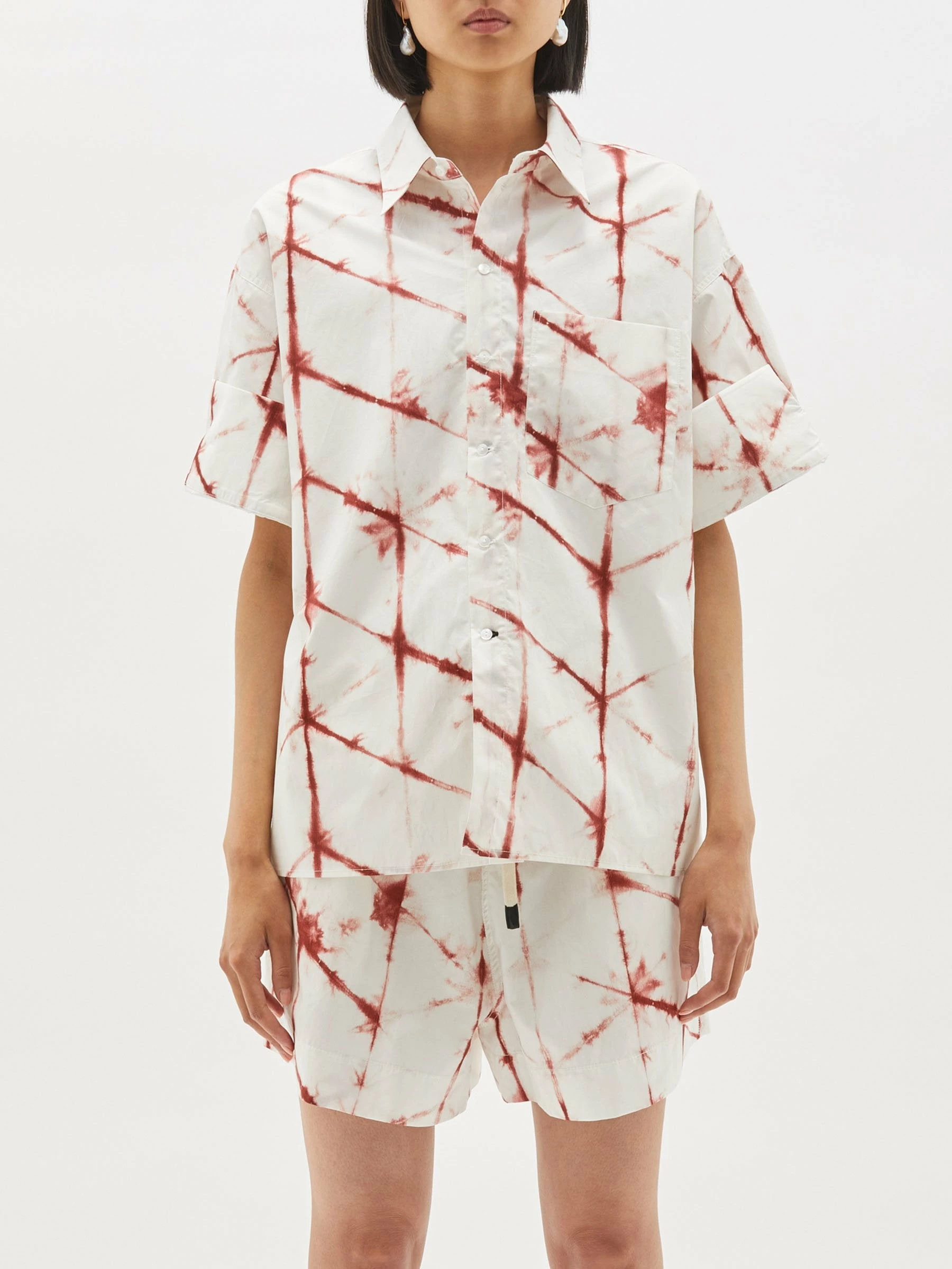 Bassike | Printed Boxy Cotton Short Sleeve Shirt - Redwood 2 Bassike | Printed Boxy Cotton Short Sleeve Shirt - Redwood - Image 2