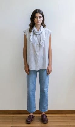 Mahsa | Short Bow Blouse Stripe - Blue/Camel