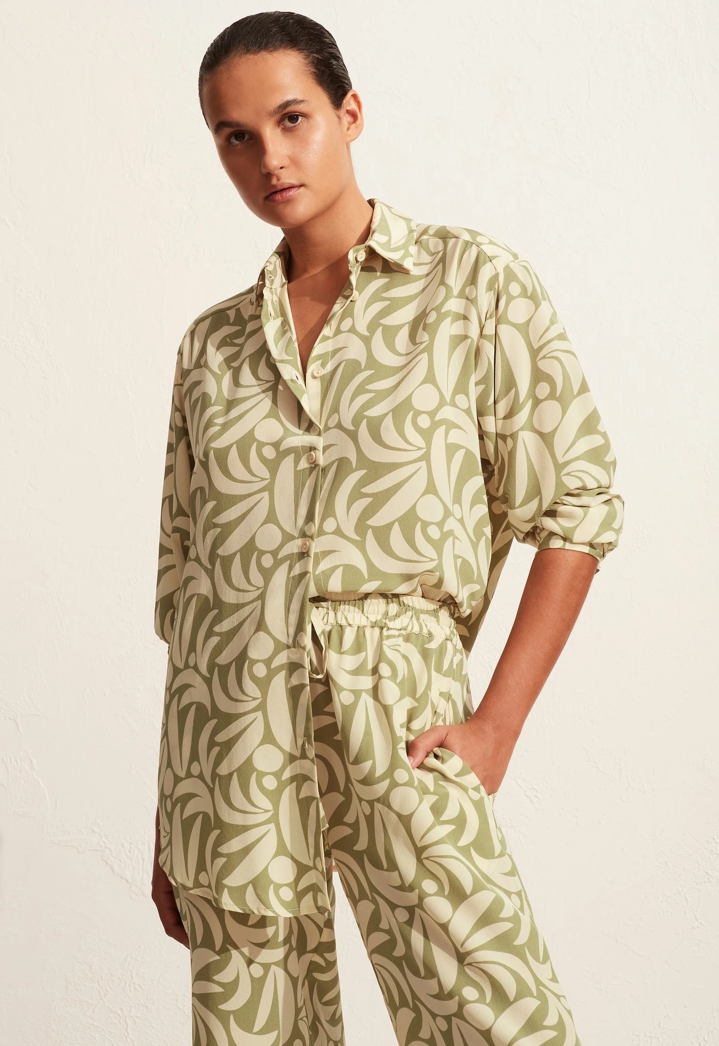 Matteau | Long Sleeve Silk Shirt - Sage Palmas 2 Matteau | Long Sleeve Silk Shirt - Sage Palmas - Image 2