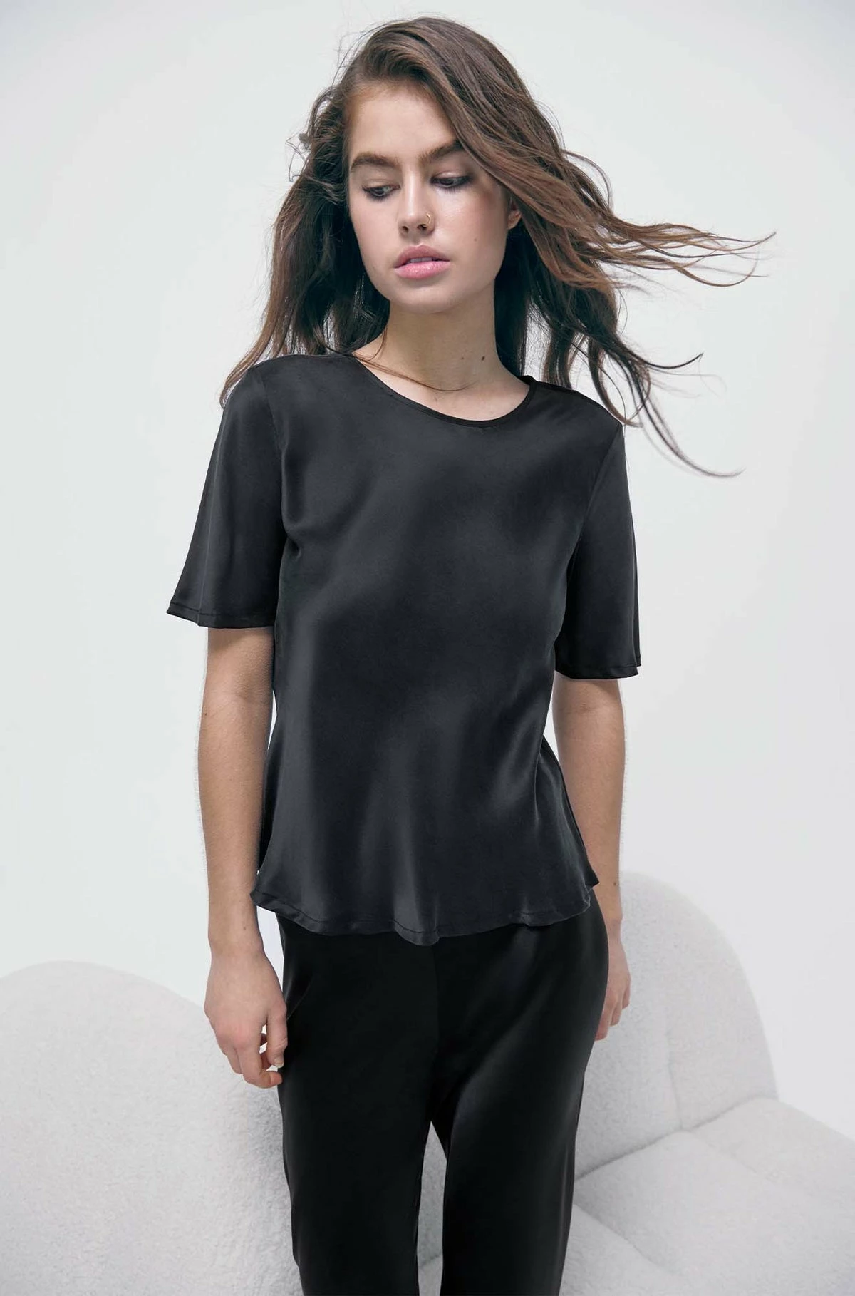 Silk Laundry | Bias Cut Short Sleeve Top - Black 2 Silk Laundry | Bias Cut Short Sleeve Top - Black - Image 2