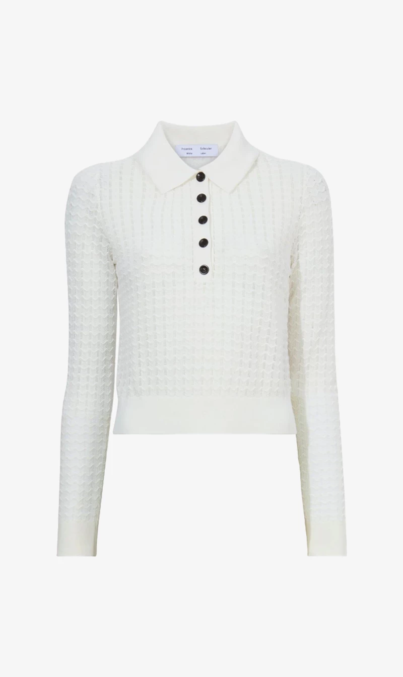 Proenza Schouler White Label | Sheer Cotton Long Sleeve Polo - Off White 1 Proenza Schouler White Label | Sheer Cotton Long Sleeve Polo - Off White