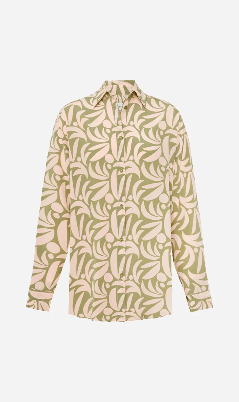Matteau | Long Sleeve Silk Shirt - Sage Palmas 1 Matteau | Long Sleeve Silk Shirt - Sage Palmas
