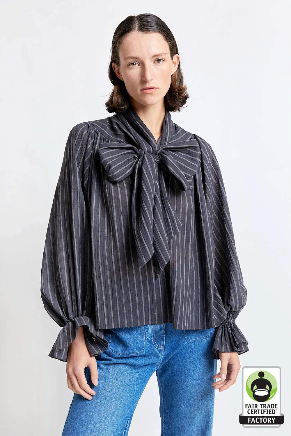 Karen Walker | Ornamental Blouse - Stripe Charcoal 2 Karen Walker | Ornamental Blouse - Stripe Charcoal - Image 2